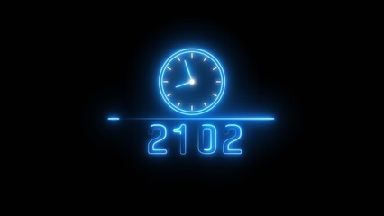 Blue neon clock icon illustration.  Neon light clock timer. Neon 2102 calendar clock. 