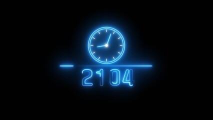 Blue neon clock icon illustration.  Neon light clock timer. Neon 2104 calendar clock. 