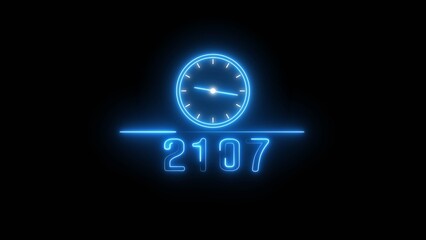 Blue neon clock icon illustration.  Neon light clock timer. Neon 2107 calendar clock. 