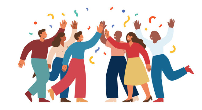 Group of happy diverse people celebrating success with high fives and confetti. Flat vector illustration of teamwork and achievement.