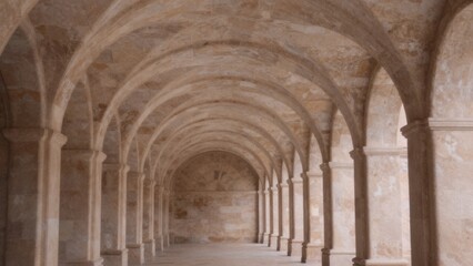 Fototapeta premium Long arched corridor old stone building composed numerous columns each unique shape size forming vaulted