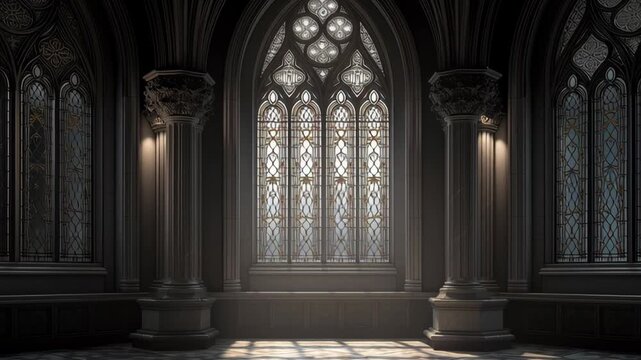 Empty gothic hall with tall stained glass windows and soft light creating a dramatic medieval cathedral interior