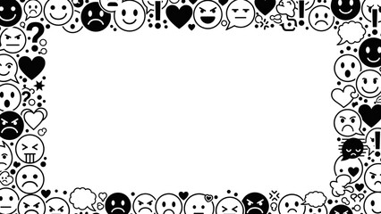 Obraz premium Black and white emoticon border frame with various smiling and heart emojis
