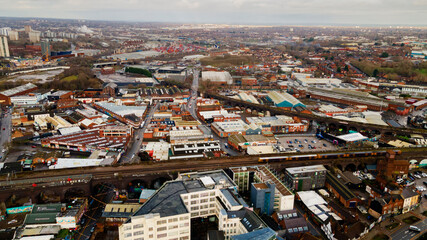 Fototapeta premium Aerial view of the industrial district and railway viaducts