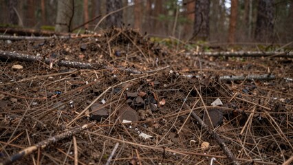 Fototapeta premium Chaotic destruction forest foreground pile tangled branches debris lies ground middle frame surrounded dense tall
