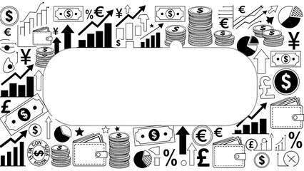 Obraz premium Black and white illustration of various business and finance icons and symbols surrounding a blank oval shape