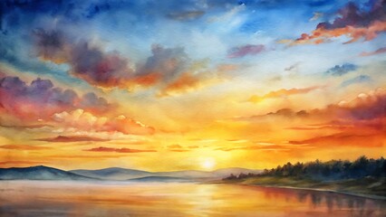 Fototapeta premium Vibrant Sunset Landscape Watercolor Painting