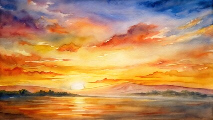 Fototapeta premium Vibrant Watercolor Sunset Landscape