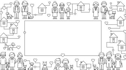 Obraz premium Black and white line drawing of people and pets around a blank border frame