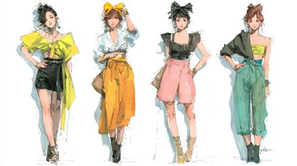 Fashion sketches of female outfits with colorful designs in a playful and creative style from a sketchbook