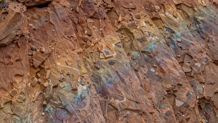 Fototapeta premium Close-up rocky surface composed varying shades brown orange beige texture rock rough uneven variety shapes