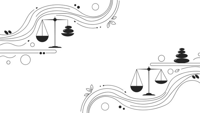 Black and white illustration of scales and trees on wavy lines and circles