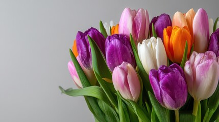 Naklejka premium Colorful Tulip Bouquet Against Soft Gray Background with Water Droplets and Bright Lighting for Springtime Floral Display