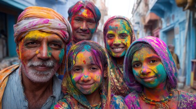 Joyful group celebrating holi with colorful faces in vibrant indian street.