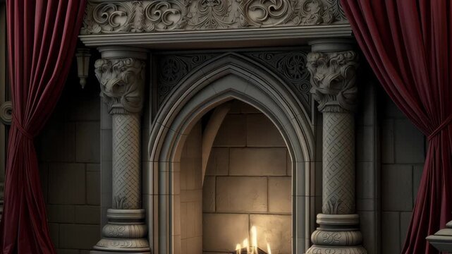 Ornate gothic fireplace framed by red velvet curtains in a grand medieval hall with warm firelight and carved stone details