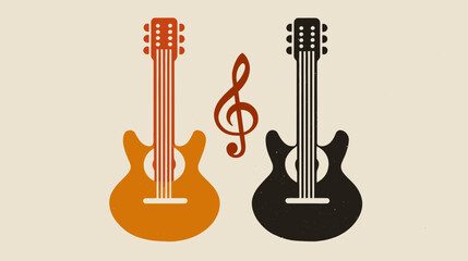 Stylized illustration featuring two guitars and a treble clef against a textured background