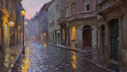 Fototapeta premium A rain-soaked alleyway at dawn. Pastel hues, light reflecting on wet cobblestones. Old-style buildings