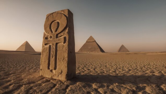 Ancient Egyptian obelisk with ankh symbol, pyramids in the background.  Sunrise desert landscape