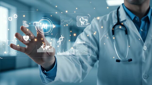 Doctor interacting with futuristic medical interface showing AI and health data for advanced patient care and medical innovation