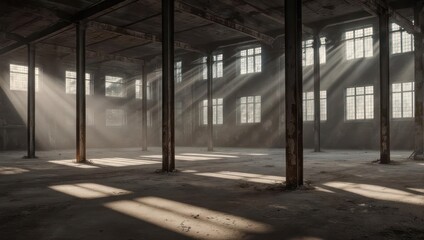 Sunbeams pierce an empty, industrial warehouse interior