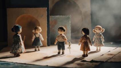 Small cloth dolls in a dimly lit scene