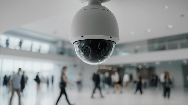 Surveillance camera monitoring a public space with blurred figures of people