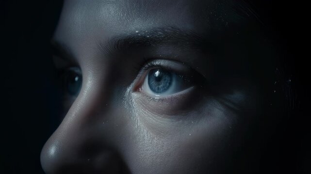 Close-up of a blue eye with a dramatic shadow, conveying introspection and depth