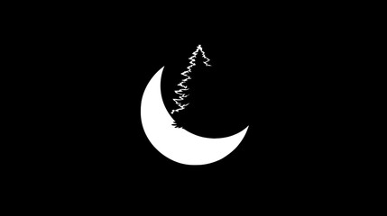 Obraz premium A white crescent moon juxtaposed with a silhouetted evergreen tree against a black backdrop