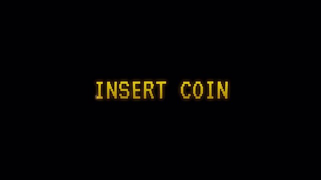 Insert coin arcade retro video game pixel art gaming suitable for vintage gaming themes, retro events, and nostalgic content related to classic arcade machines.
