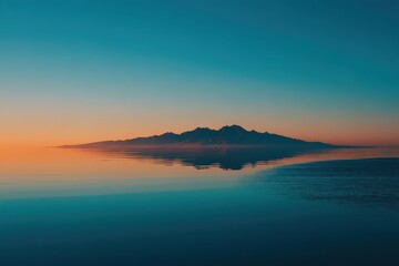 Fototapeta premium Abstract Voxel City Island Reflected in Smooth Teal Water at Sunset Sky with Warm and Cool Tones Creates a Serene Horizon