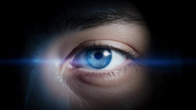 Close-up of a striking blue eye with a glowing effect and dramatic shadows