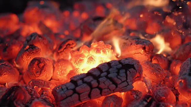 Burning Embers - A Close-Up View of Glowing Coals and Flames.