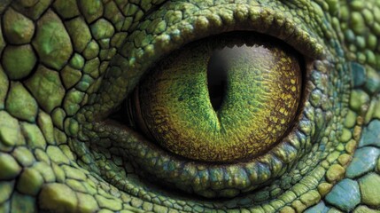 Naklejka premium Close-up of vibrant green reptile eye with detailed texture.