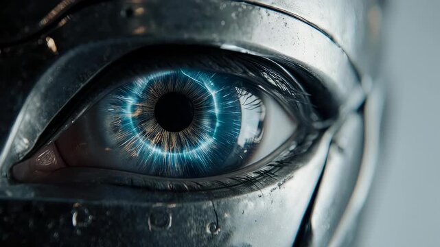 A professional simple close up of a bionic robotic eye with a vibrant blue iris. An abstract colorful and elegant technology concept.