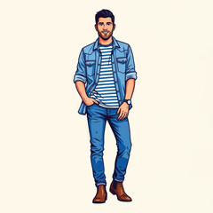 Fototapeta premium Casual stylish man posing outdoors in denim jacket and jeans with striped shirt.