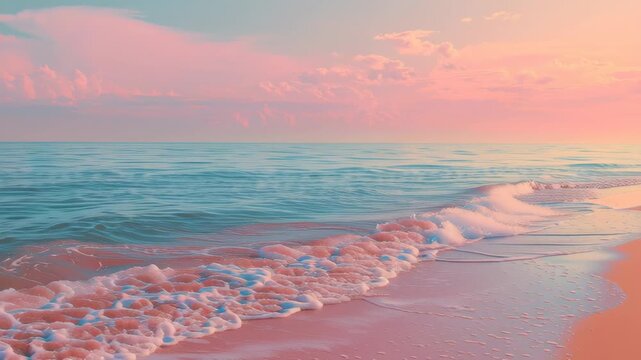 Soft pastel waves rolling onto a sandy beach under a pink sunset sky creating a calm and peaceful seaside scene