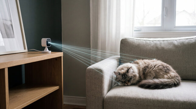 AI pet monitoring camera watching sleeping cat at home