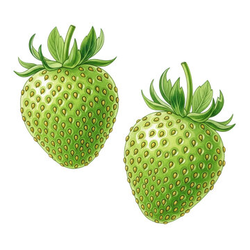 Two unripe green strawberries with yellow achenes and green sepals, detailed watercolor illustration, isolated on a transparent background with copy space, concept of natural purity and healthy