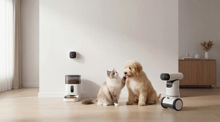 Obraz na płótnie Canvas Smart home ecosystem for pets with AI feeder, camera and robot