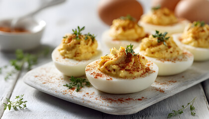 Creamy deviled eggs topped with paprika in a minimalist setting showcasing delicious appetizer details for food photography