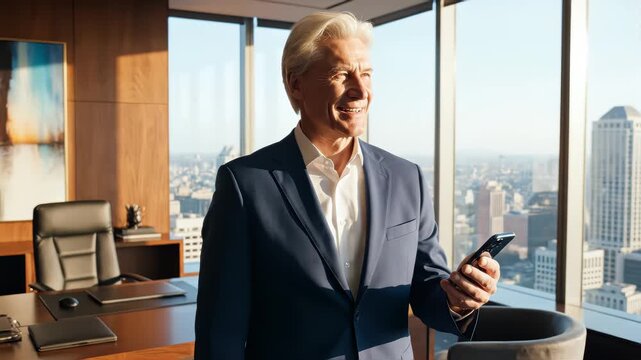 Smiling mature businessman holding smartphone standing in office. Middle aged manager ceo using cell phone mobile apps. Digital technology applications and solutions for business corporate development
