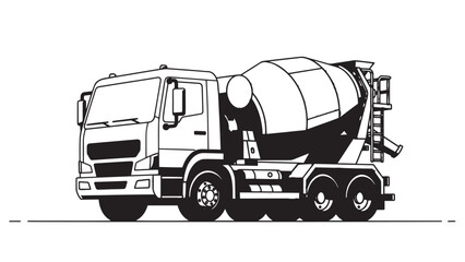 Illustration of a concrete mixer truck driving on a road in a monochrome industrial scene.