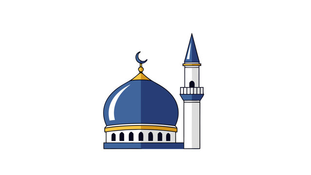 Stylized blue mosque dome and minaret with crescent moon symbol