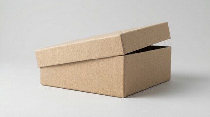 Plain brown cardboard box with its lid slightly open on a white surface