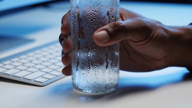 African American Hand Grabbing Cold Glass Water Bottle Covered in Condensation from Desk Next to Keyboard, Refreshing Hydration During Work Break 4k video animation seamless loop