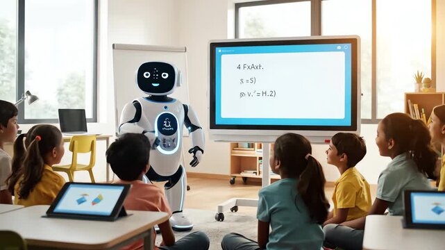 Front-view scene of a white teaching robot addressing attentive children in a bright modern classroom, showcasing technology-driven education with tablets, screens, and natural light