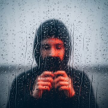 Melancholy digital double exposure art showing a mournful, blurred reflection superimposed on heavy, flowing raindrops covering a cold glass pane, water, drops, atmospheric