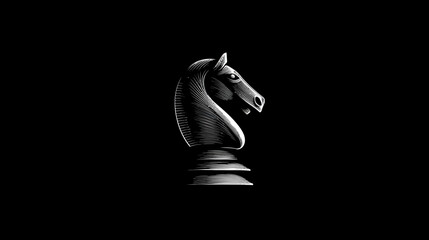 A stark, etched-style illustration of a chess piece knight, rendered in white against a deep black backdrop