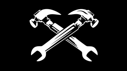 White tools, hammers and wrench, crossed on a black background. Simple, bold design