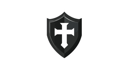 A black shield, angled slightly, with a white cross in the center, set against a plain white background